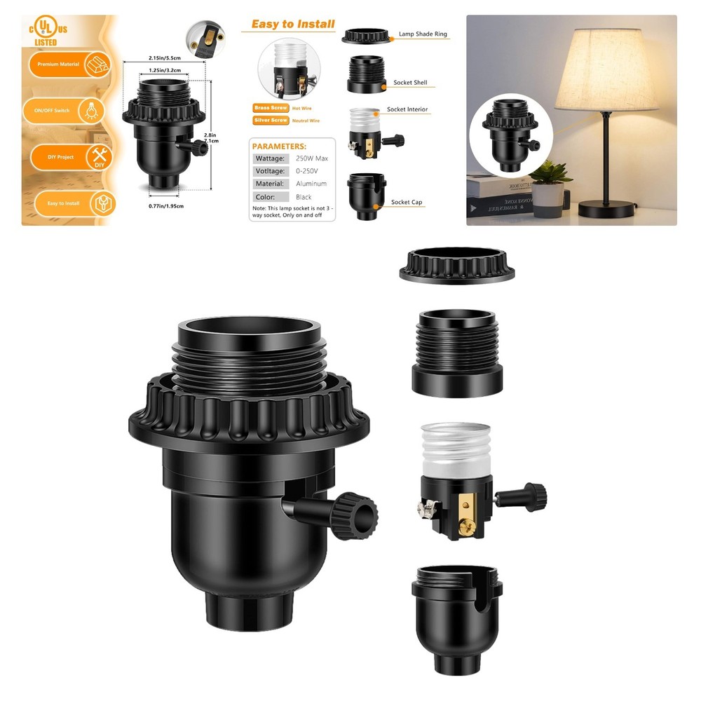 Stylish E26 Black Light Socket with Integrated ON/Off Switch for Easy Install