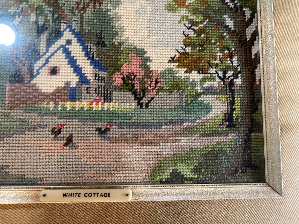 Vintage Needlepoint "White Cottage" - Framed