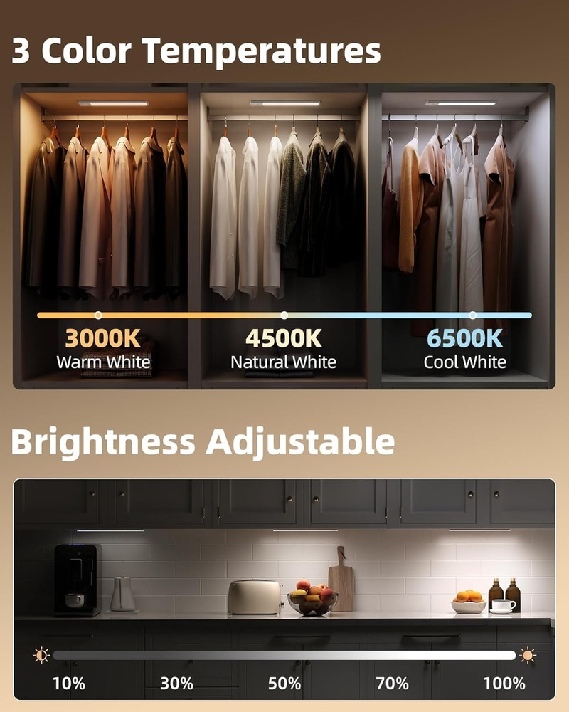 4 Pack Under Cabinet Lights Motion Sensor Rechargeable Dimmable 3 Color LED