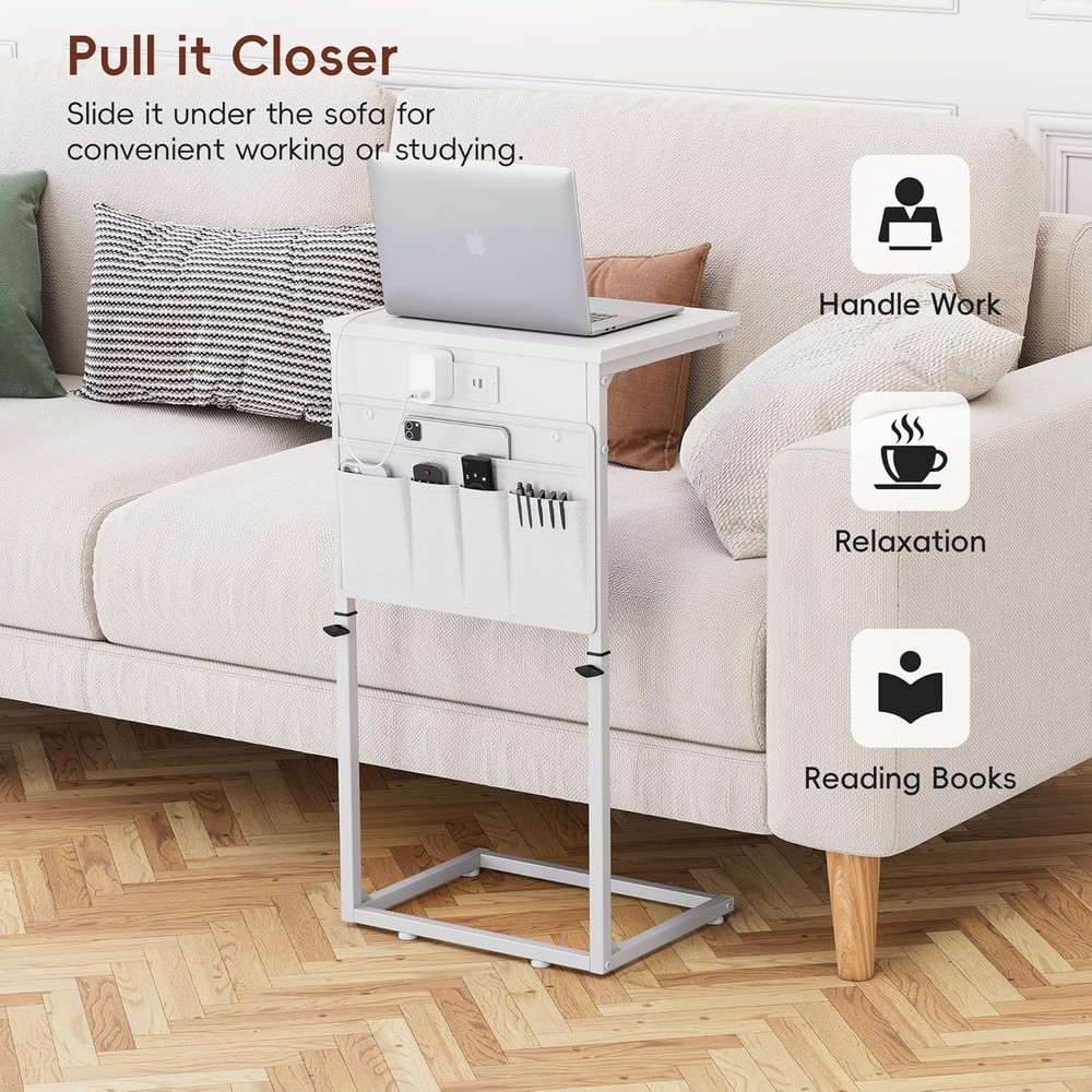 C Shaped End Table W/ Charging Station Adjustable Height Side Table Couch Sofa