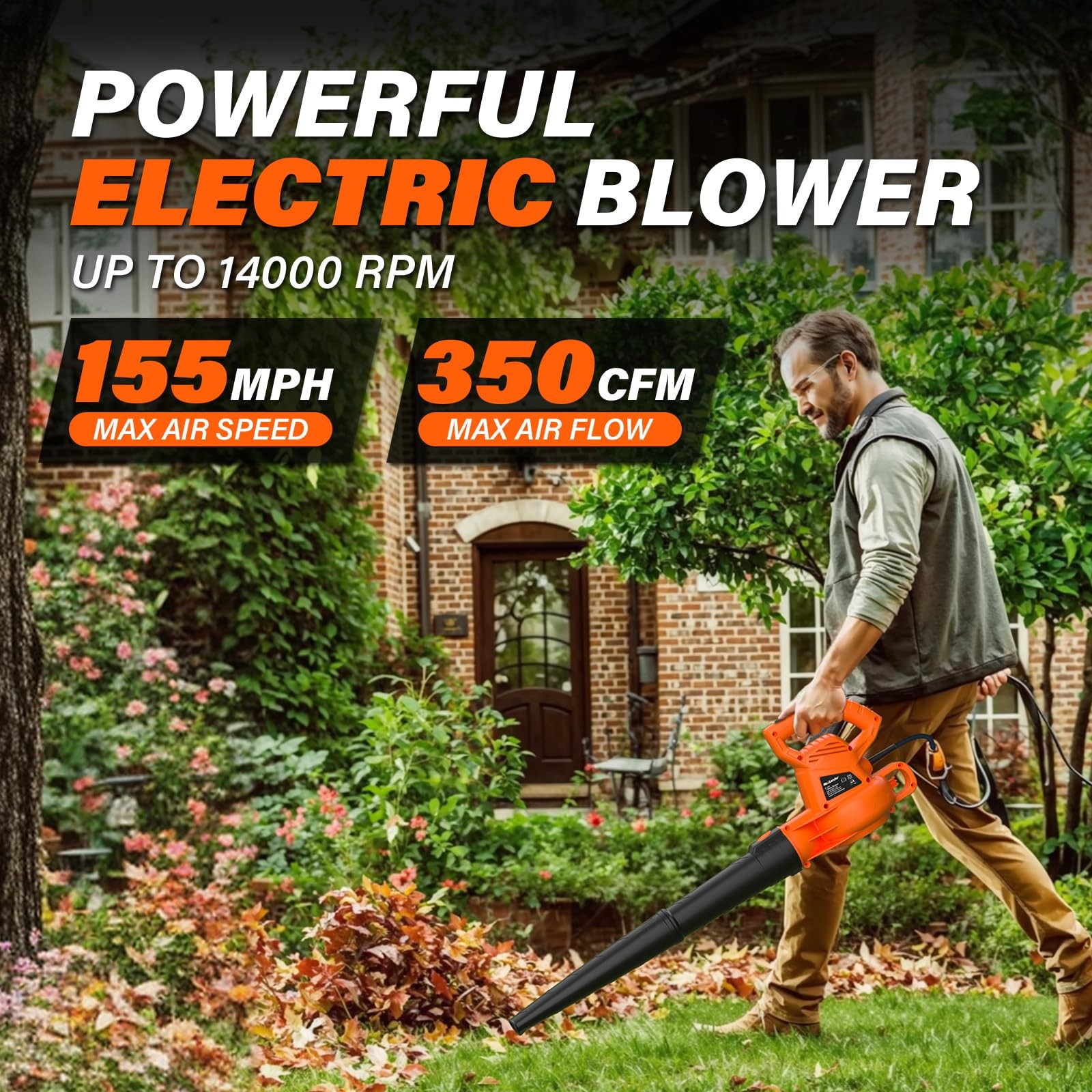 MAXLANDER Leaf Blower Corded, 7-AMP 350CFM/155MPH Electric Orange & Black