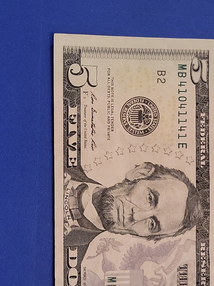 $FIVE DOLLAR BILL Trinary Repeater Fancy Serial Number with bleed through error!