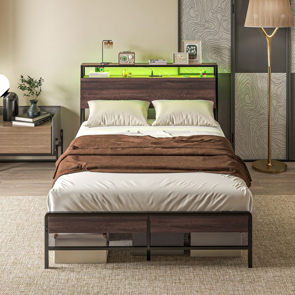 Full Size Bed Frame with Headboard, Platform Bed Frame with LED Lights