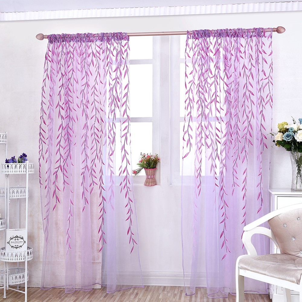 1/2Pcs Window Curtains Leaves Design Sheer Pattern Voile Panel Drapes CurtainsUS