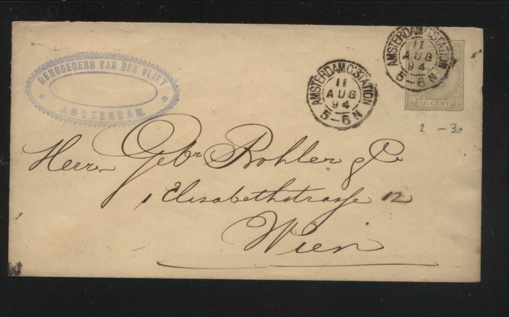 Netherlands  postal envelope  to  Austria   1894       MS0523