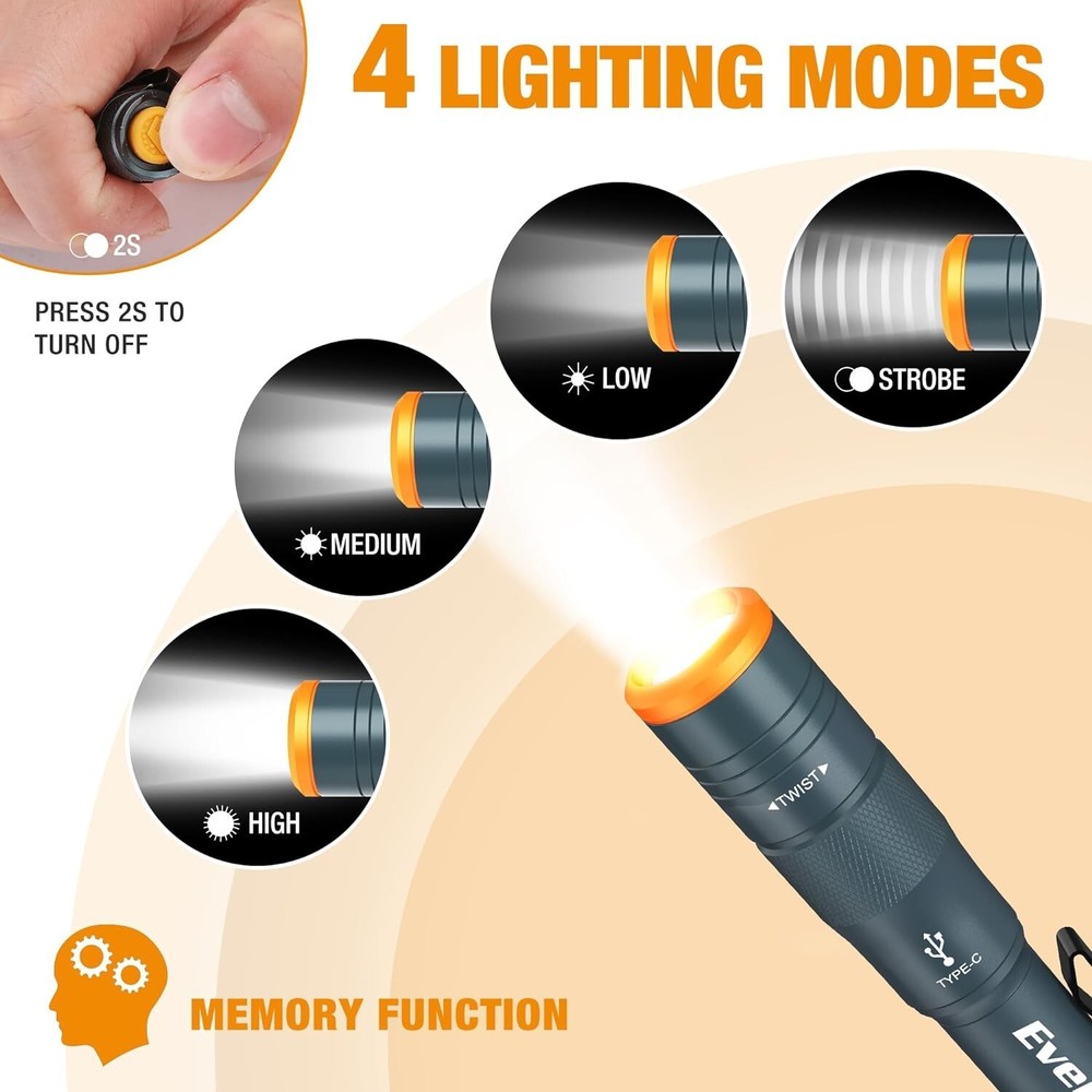 EverBrite USB C Rechargeable Pen Light Pocket Pen Flashlight 4 Light Modes 300LM