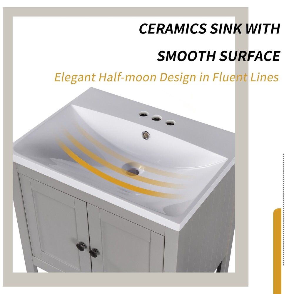 24" Modern Bathroom Vanity - Solid Wood Frame, Semilune Ceramic Sink, Open Shelf