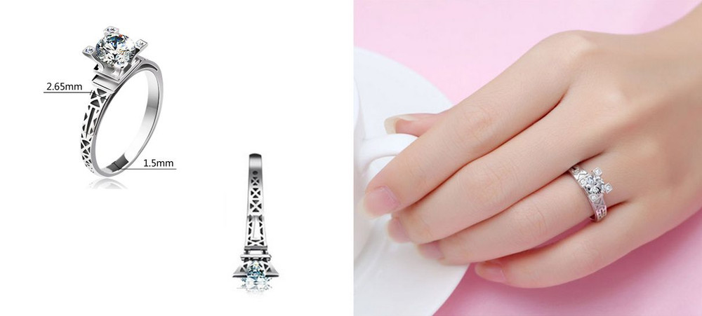 Silver SP CZ Paris The Eiffel Tower Engagement Solitaire Ring RS28
