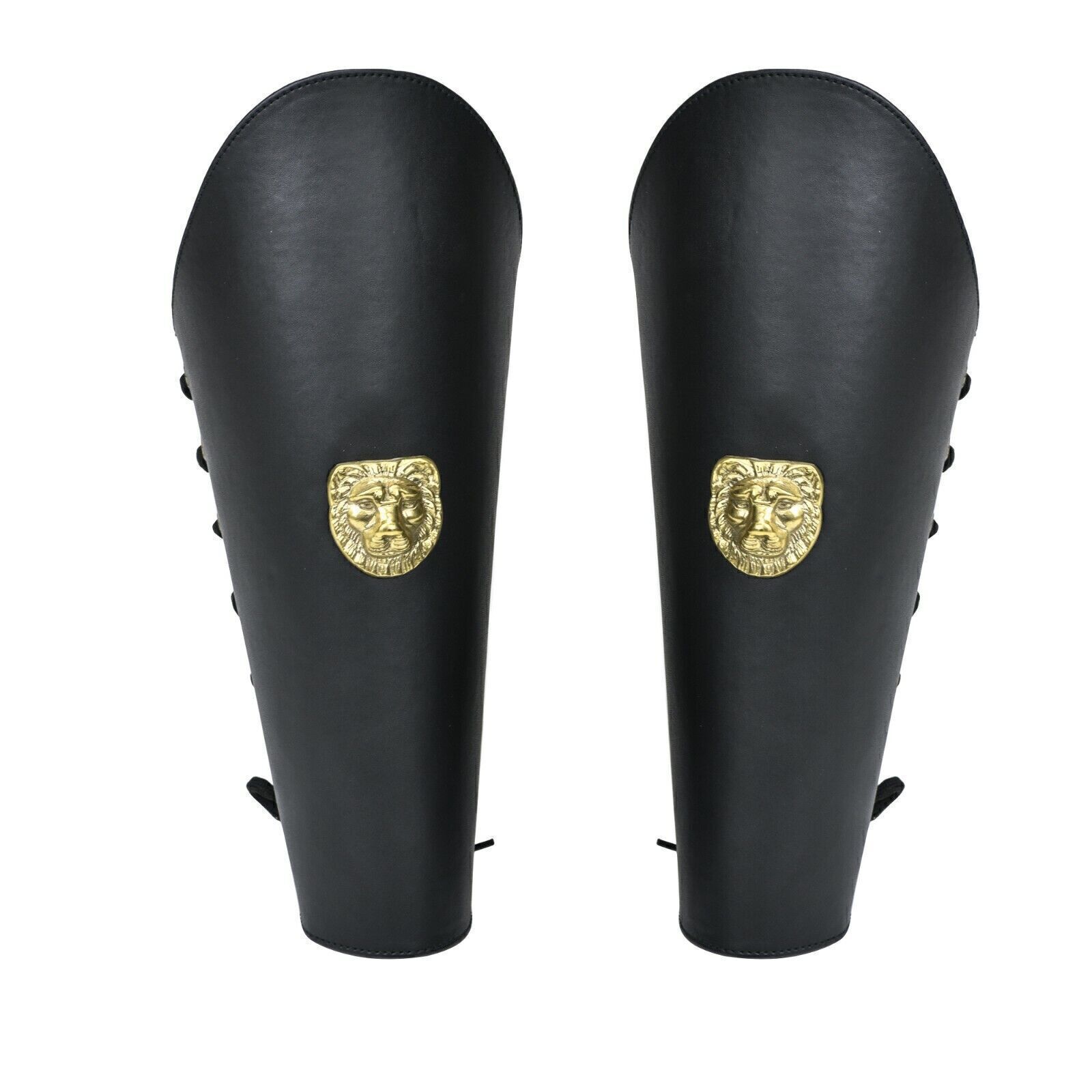 Warriors Call Genuine Black Leather Lion Leg Armor Greaves Pure Brass Detail