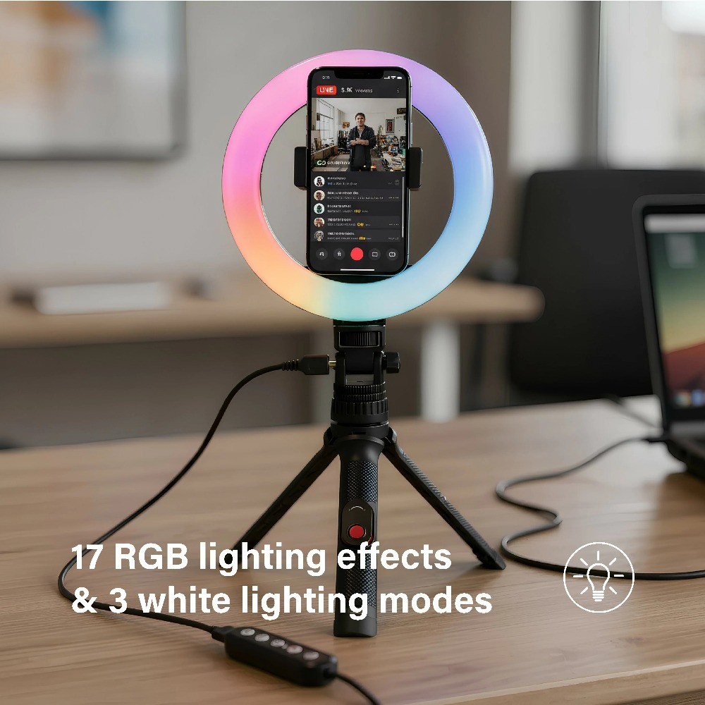 LED RGB Ring Light with Tripod Phone Holder Bluetooth Remote Adjustable Height