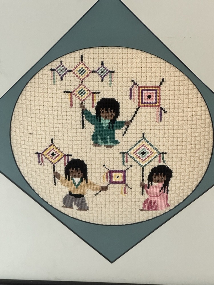 Ted Degrazia Sundance Needlepoint Featuring 3 Children Complete Matted & Framed