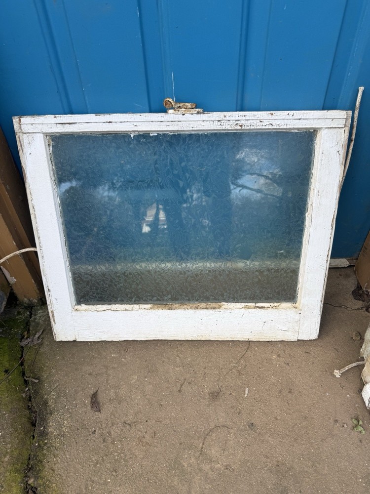 Antique Salvaged Wood Window Sashes, White & Brown Rectangle Frames, Glass