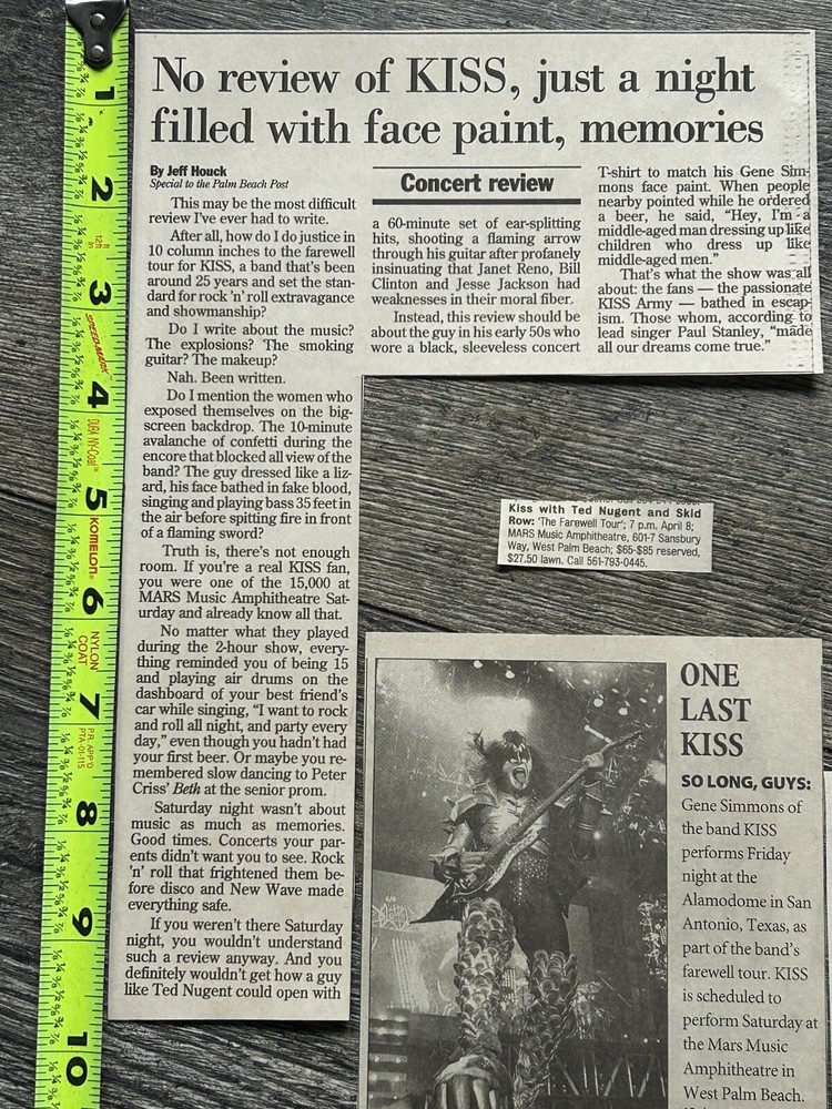 KISS Concert Ad Clipping Farewell Tour West Palm FL Apr 8 2000 Lot Vintage Kiss