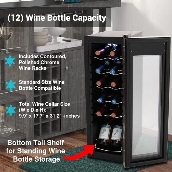 NutriChef PKCWC12- Home Wine Cooler Fridge.Digital Touchscreen Control,12 Bottle
