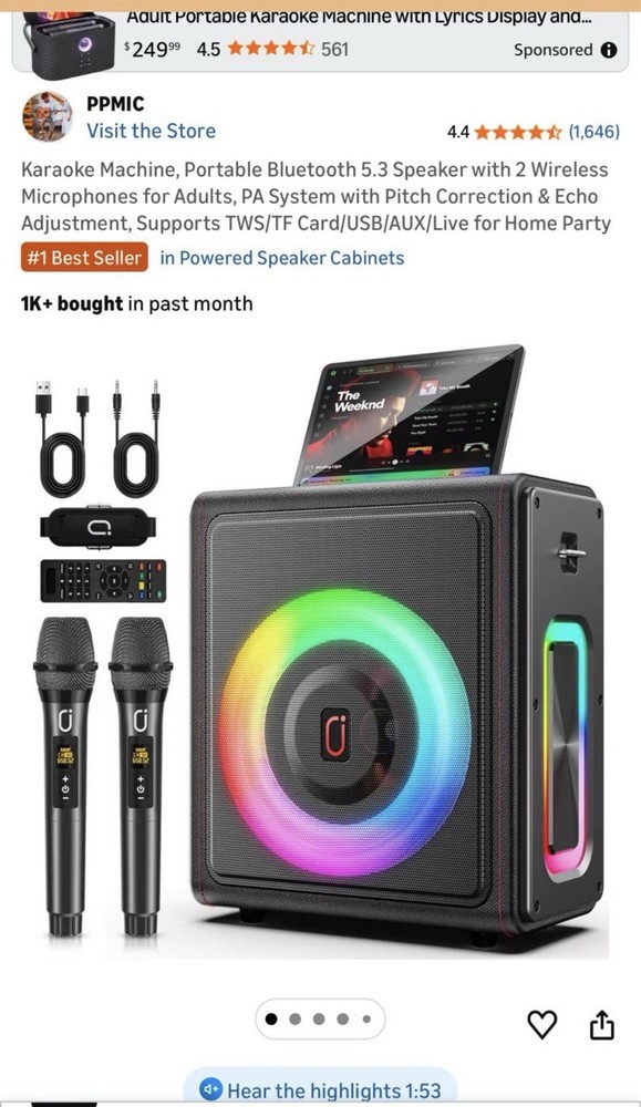 PPMIC Portable Bluetooth Karaoke System, Speaker, Mics, Remote & Cable, Black