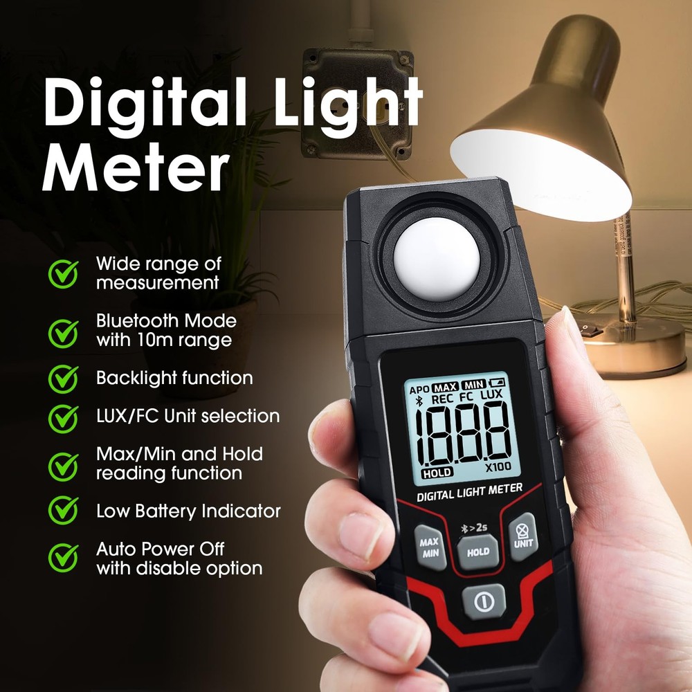 Light Meter Digital Illuminance Meter 0.1~200000 Lux Range Bluetooth Lux Mete...