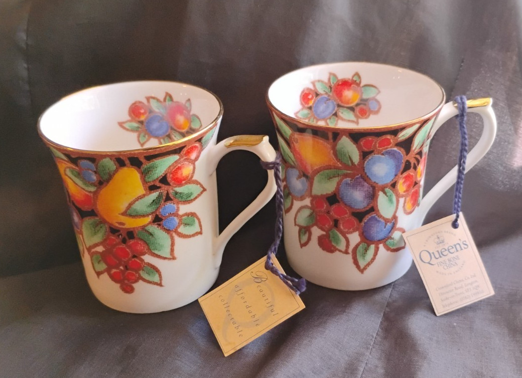 New with Tag Queens Fine Bone China "Covent Garden" Pattern Mugs, Set of 2