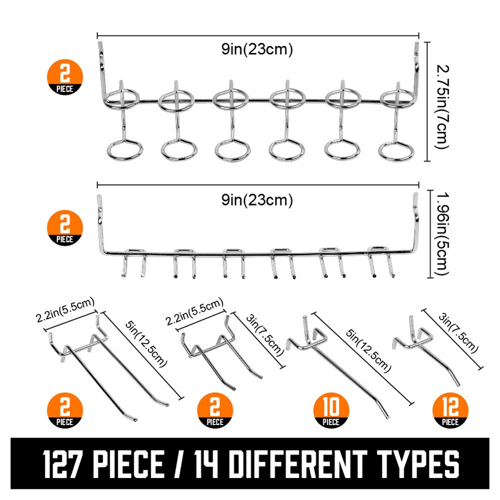 127 Pcs Pegboard Hooks Assortment (3 Baskets 4 pegboard) Organizing Tools
