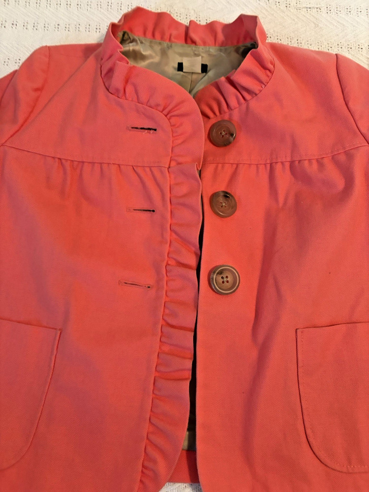 J.Crew Ruffle Jacket Cropped 3/4 Sleeve Button Front Coral Pink Size 6 Statement