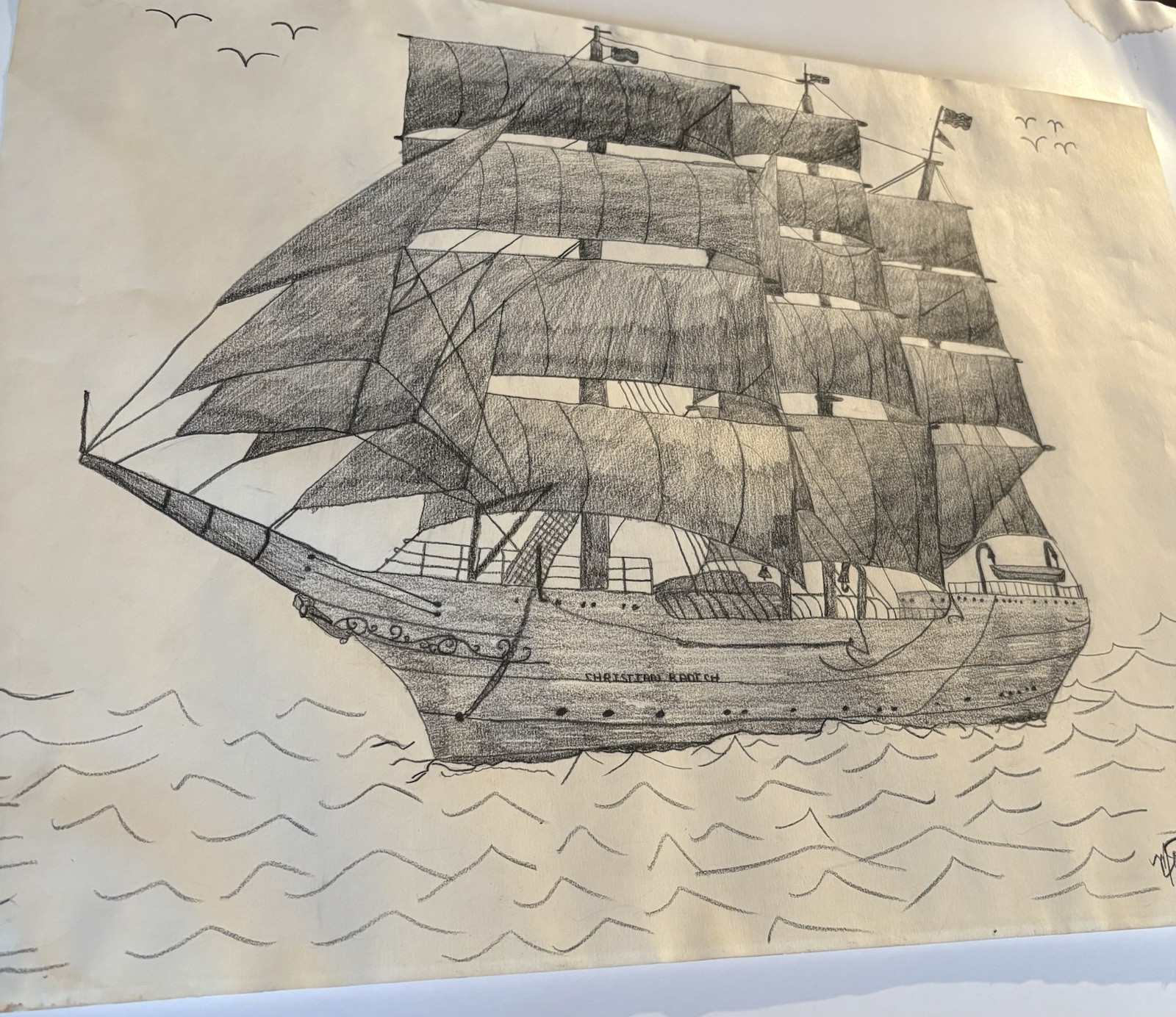 Pencil Drawing Norwegian Full Rigged Tall Sailing Ship Christian Radich Signed