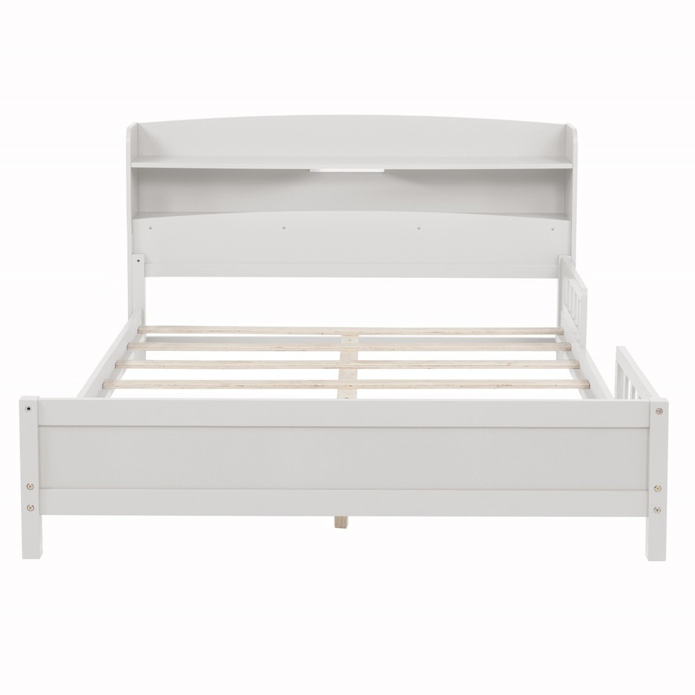 Full Size Bed Frame Wood Platform Bed Frame w/ Storage Headboard & LED Light