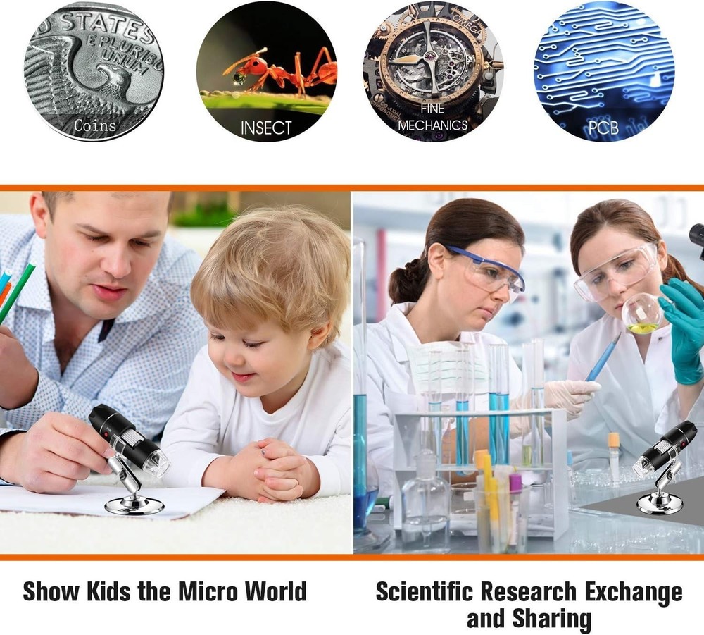 Portable USB Microscope 40X-1000X with Metal Stand & Multi-Device Compatibility
