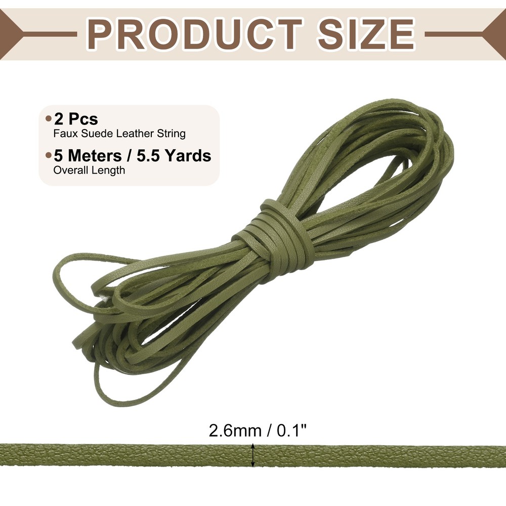 2 Pcs Flat Suede Leather Cord, 5.5 Yards 2.6mm Craft Braid String, Green