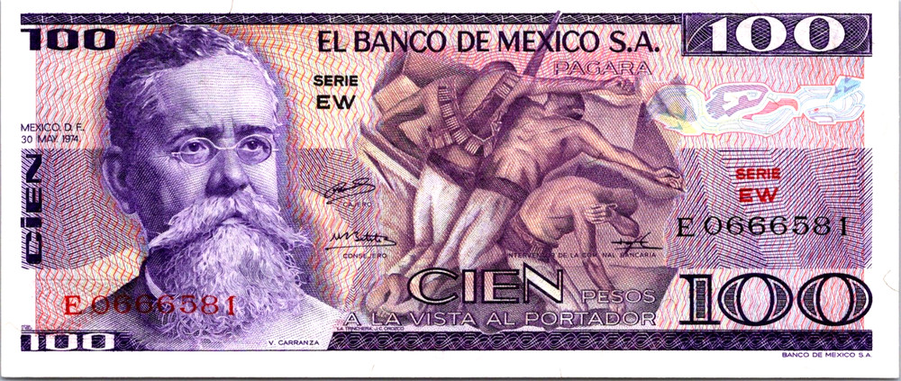 Mexico 100 Pesos 1974 SEQUENTIAL Gem UNC Notes Pick-66A