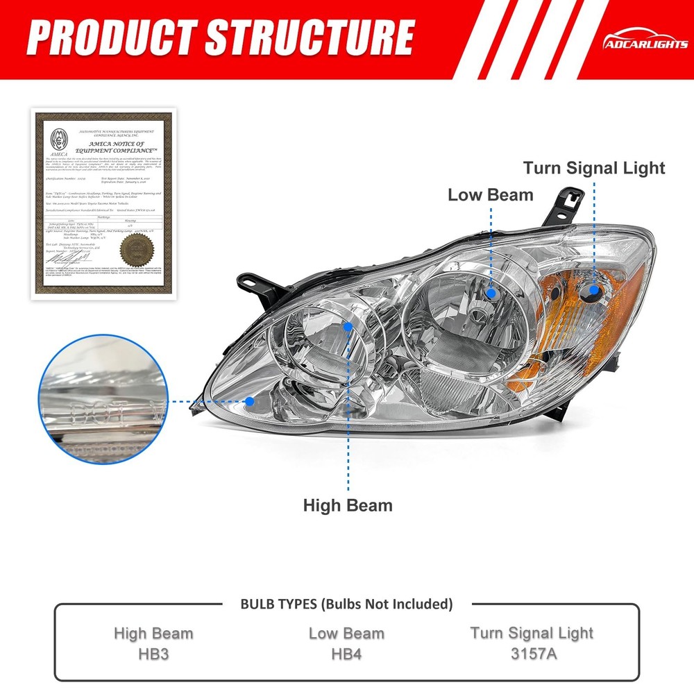 Compatible with 2003 2004 2005 2006 2007 2008 Toyota Corolla Headlight Assemb...