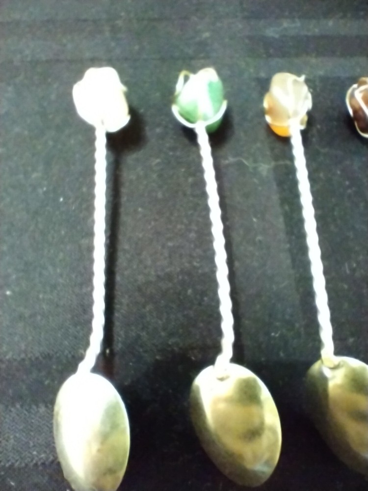 Set of 6 Silver and gemstone demi-tass spoons