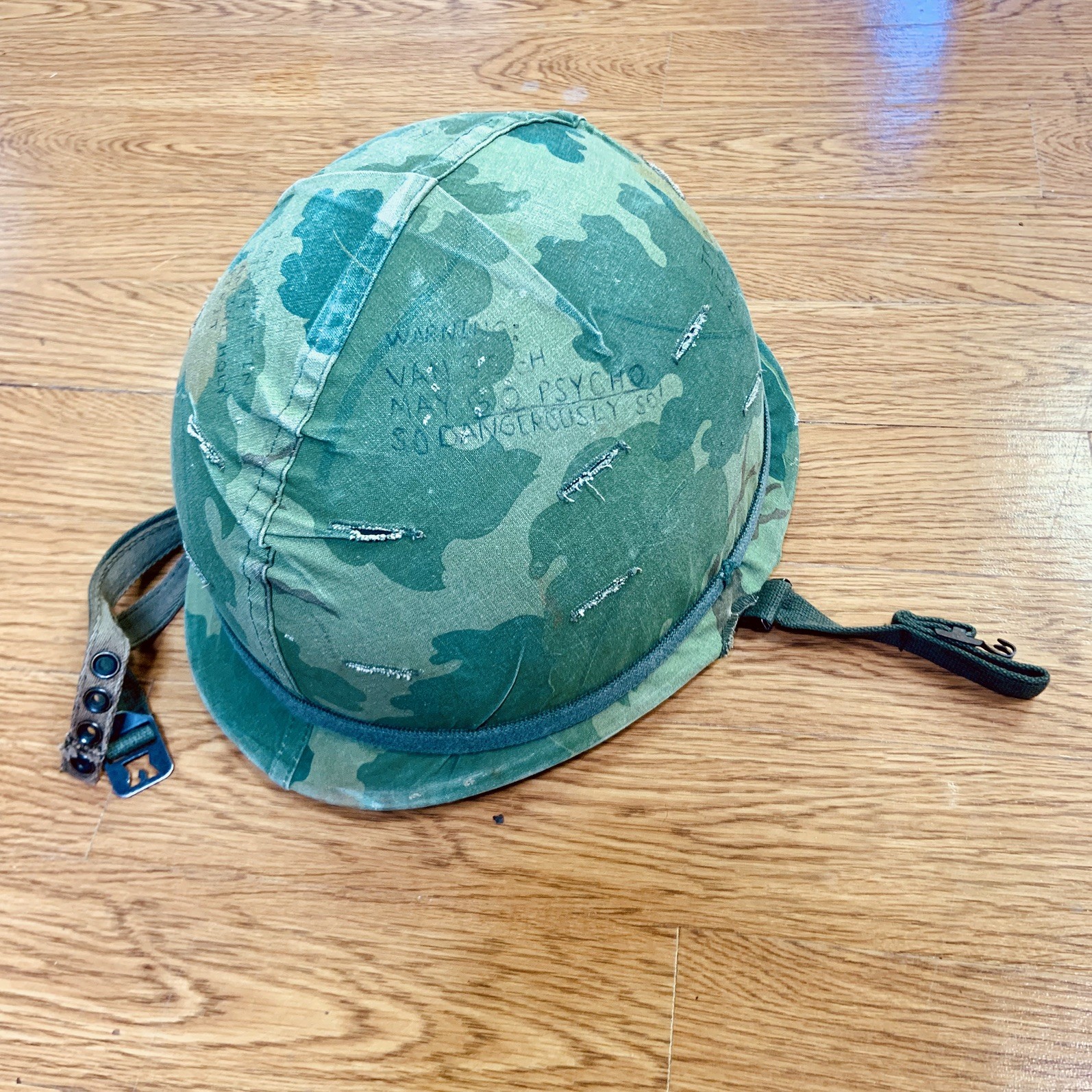 Vietnam War Era U.S. M1 Combat Helmet w/ Reversible Mitchell Camo Cover & Liner