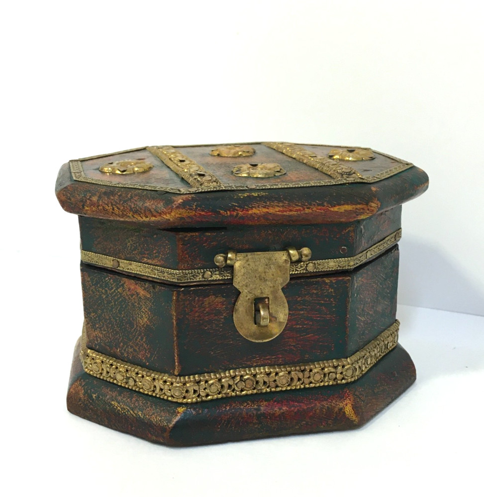 Vintage Handcrafted Brass Work Unique Shaped Wooden Box