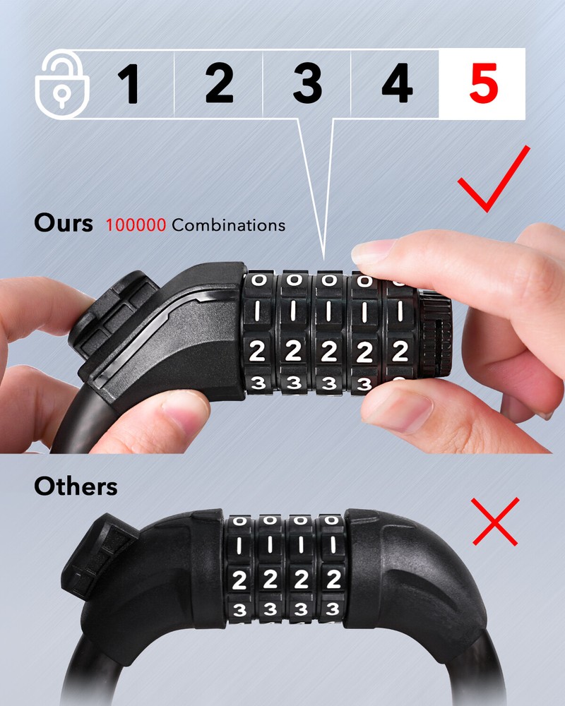 Security 5-Digit Resettable Combination Bicycle Lock for Bikes and Scooters 4FT