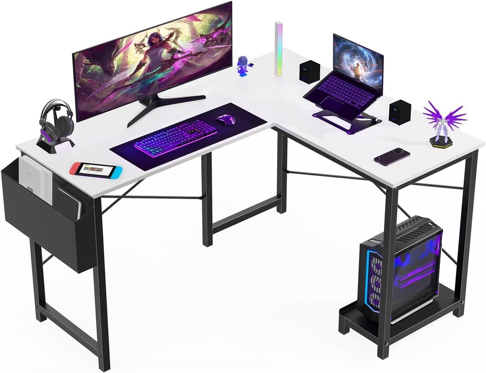 L Shape Home Office Corner Computer Desk Gaming PC Table with CPU Stand Side Bag