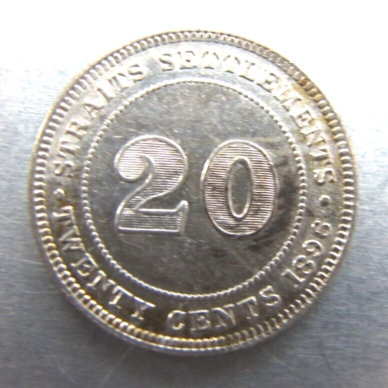 Straits Settlements KM12 20 Cents 1896 sharp UNC., once cleaned.