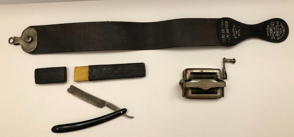 3 items Antique Mfd. schmidt Bros. leather sharpens dullest razor, 1918 stropper