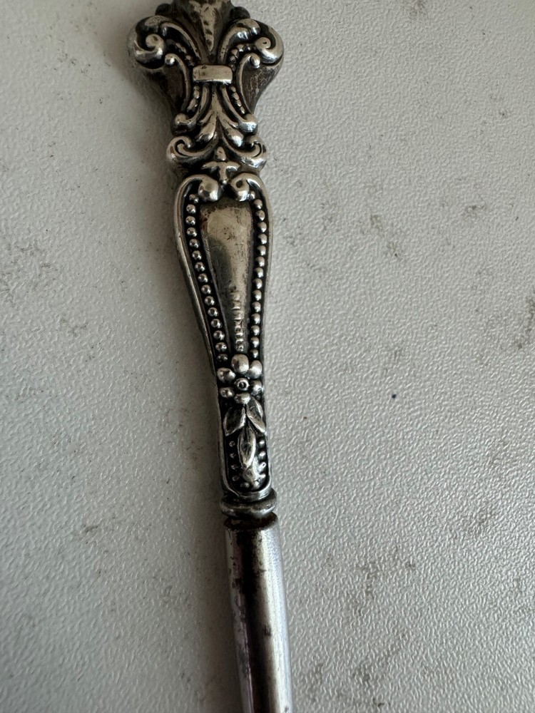 Antique Sterling Silver Handle Button Hook w/ Beaded & Fleur de Lis Design