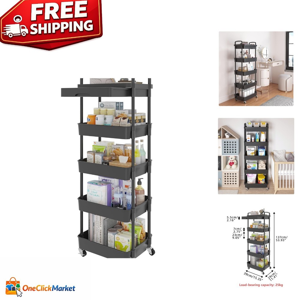 5-Tier Black Rolling Utility Cart with Drawer – Multifunctional Storage Solution