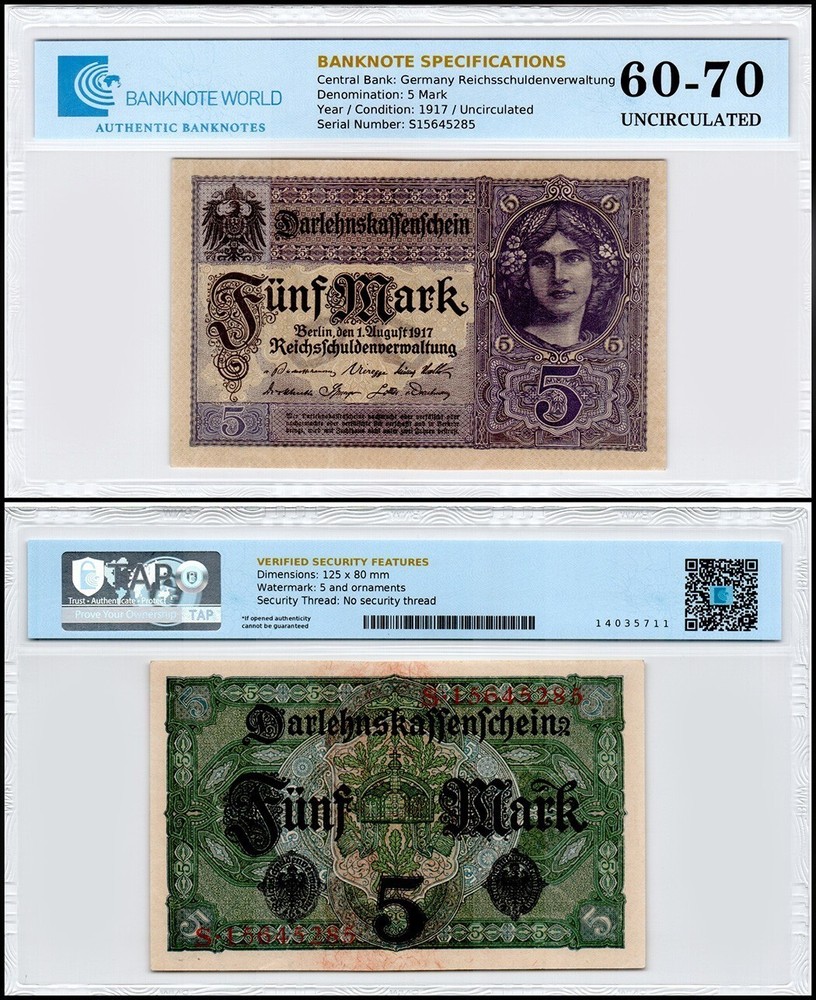 Germany 5 Mark, 1917, P-56a, UNC, Authenticated