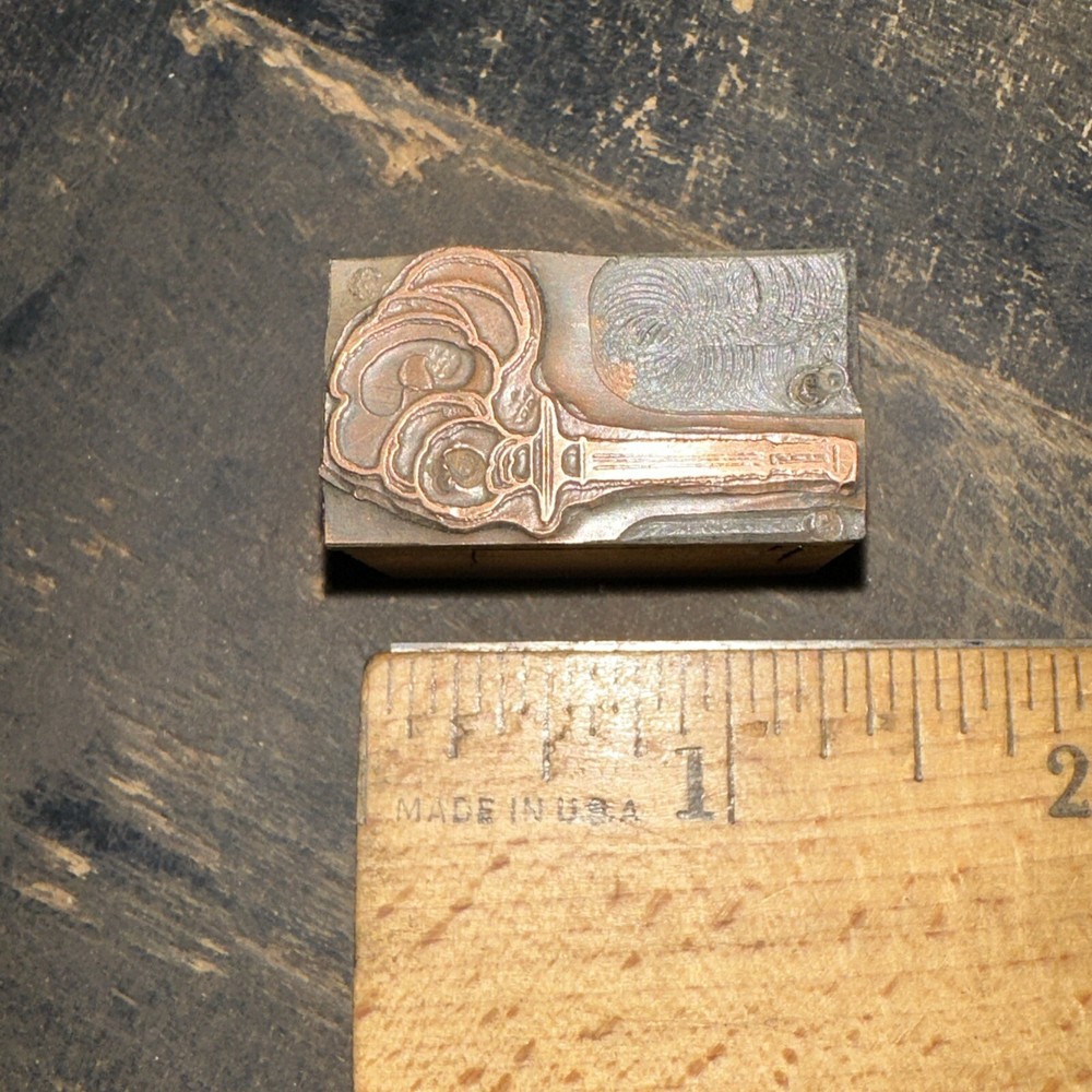 Old Printing Block “ Smoldering Torch “ Copper Face, Nice Details