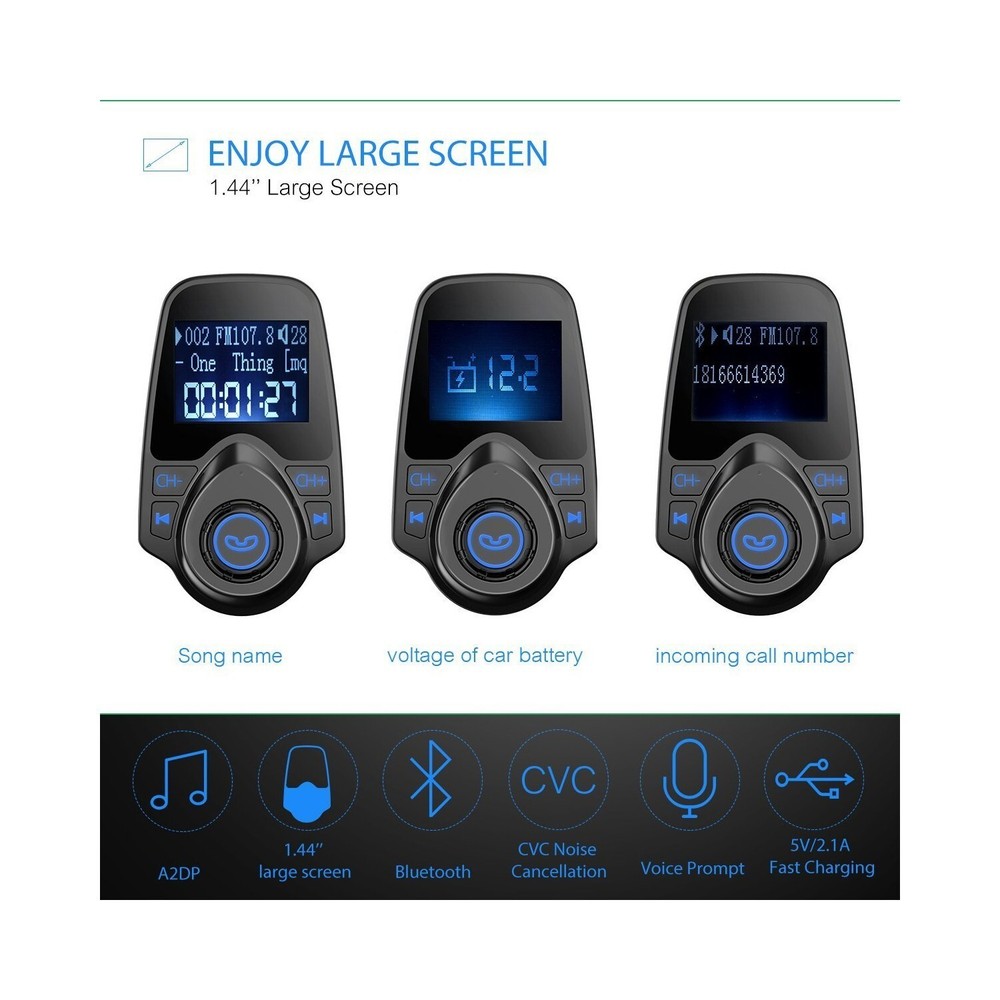 Bluetooth Radio Adapter, FM Transmitter Car Kit with Built-in HD Mic USB Port