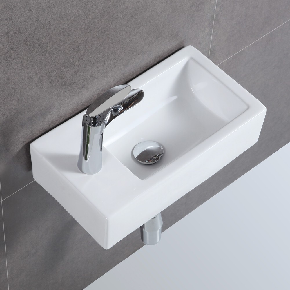 Wall Mount Hung Small Vessel Sink- Bathroom Corner Floating Sink Rectangle White