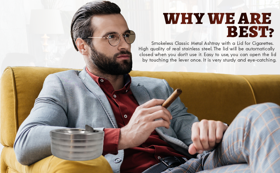 Grooved Silver Smokeless Classic Metal Ashtray with a Lid for Cigarettes