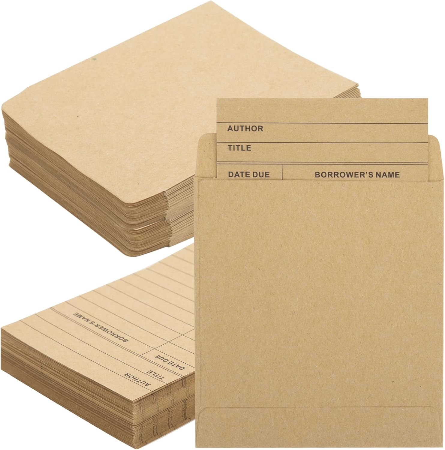 200Pcs Vintage Library Pockets and Cards, Brown Library Check out Cards Library