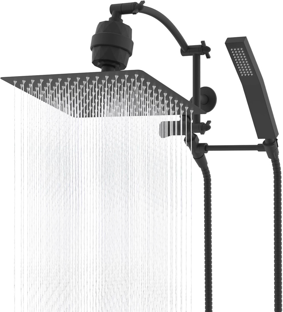 Matte Black 12'' Rainfall Shower Head with Handheld, 20-Stage Filter & Hose