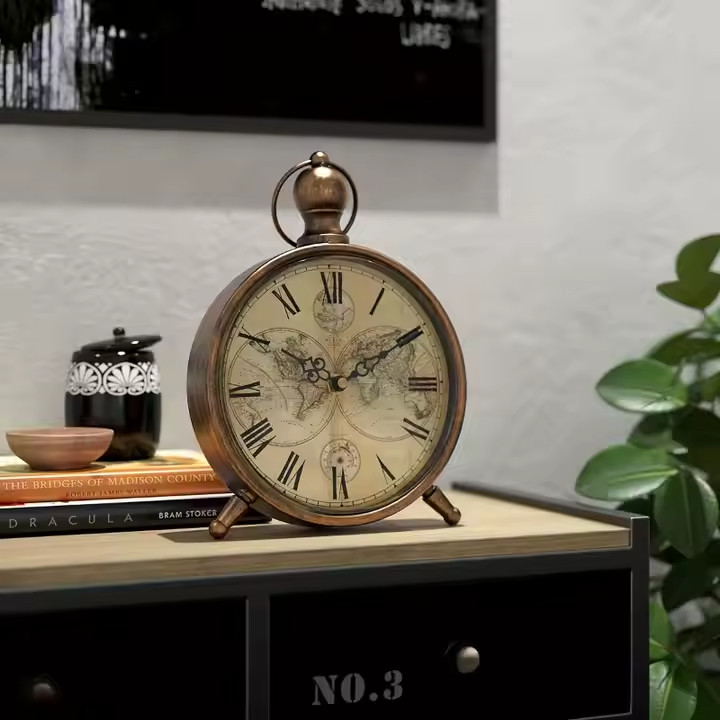Antique/Map-Style Metal Table Clock with Silent Movement