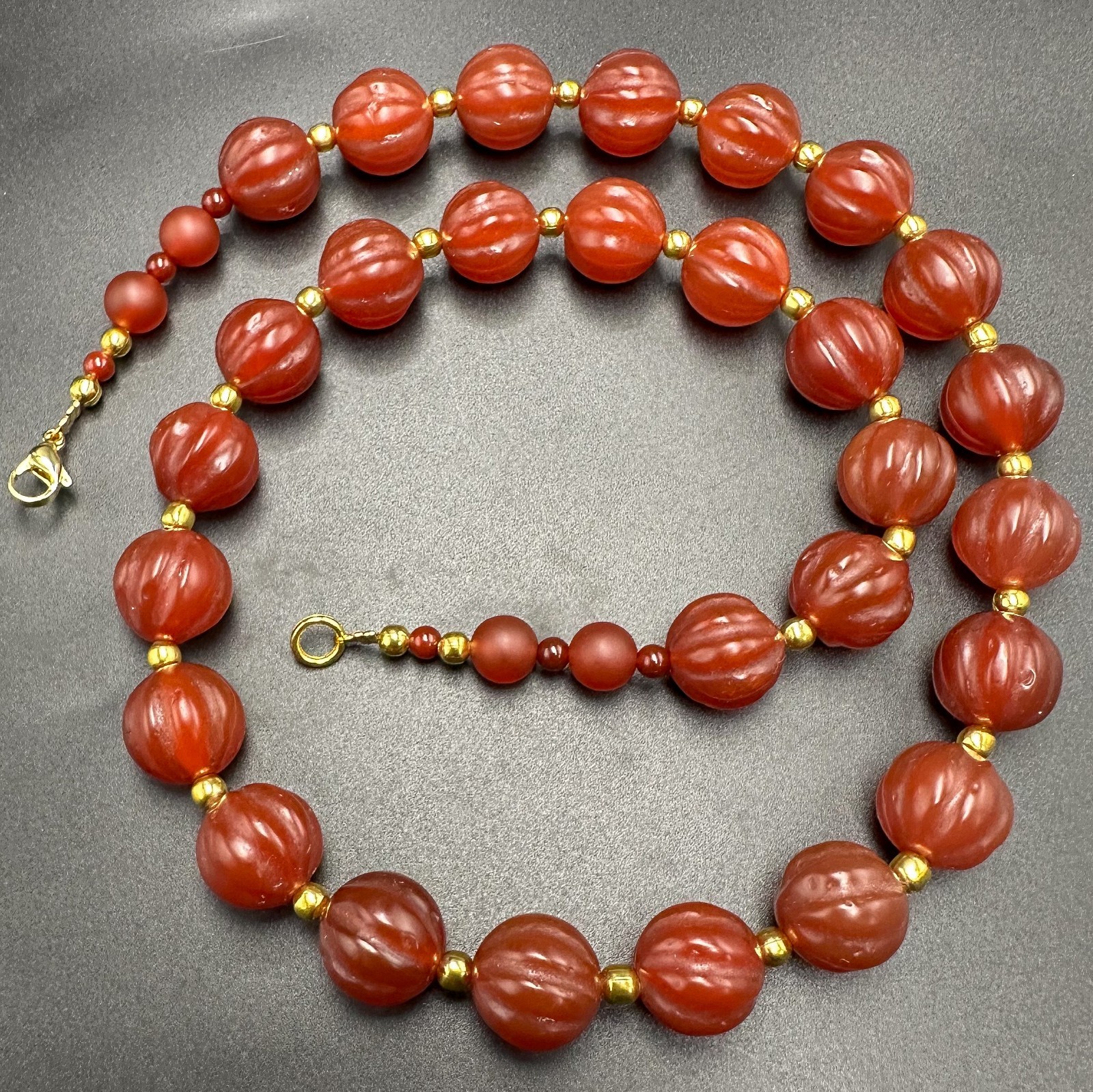 Vintage Himalayan Tibetan Carnelian Carved Agate Melon Shape Beads Necklace