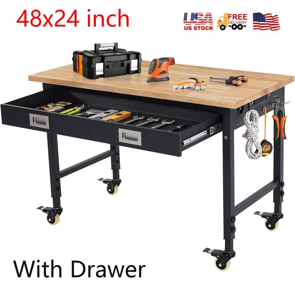 48" Adjustable Height Workbench 2000 LBS Workstation W/ 9.8FT Cable & Drawer USA