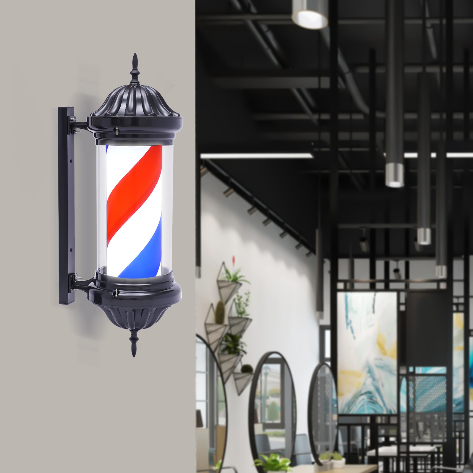 Barber Pole LED Light Red White Blue Rotating Stripes Metal Hair Salon Shop Sign