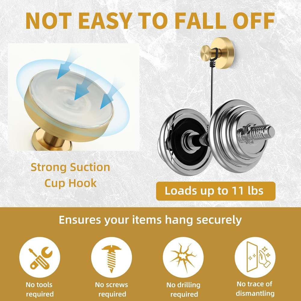 Gold Suction Cup Hooks 2 Pack for Shower, Bathroom, Kitchen, Tile